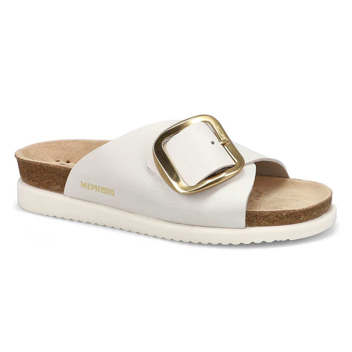 White leather slide sandal with a large gold square buckle, cork footbed, and white sole. Style # 2830