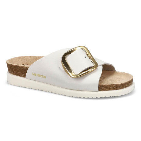 White leather slide sandal with a large gold square buckle, cork footbed, and white sole. Style # 2830