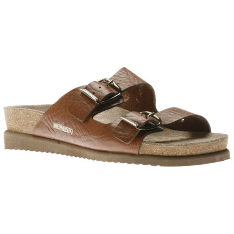 Mephisto women's Harmony sandals in a desert tan color with textured leather straps, a cork footbed, and a ridged brown sole. HARMON4442.