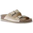 Mephisto women's Harmony sandals in a textured metallic Condor color with two adjustable straps, cork footbed, and a light sole. 70012.