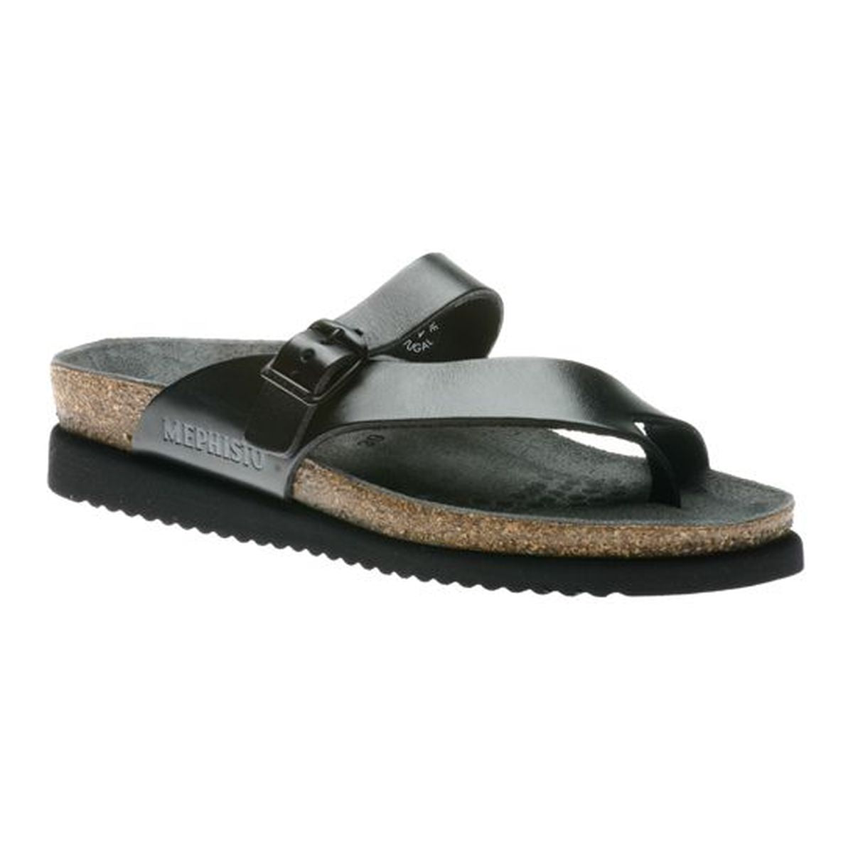 Mephisto women's Helen toe thong sandals in black with a polished leather strap, cork footbed, and a black ridged sole. 2800.