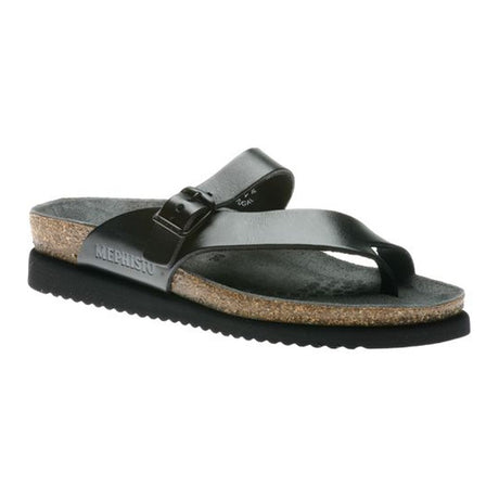 Mephisto women's Helen toe thong sandals in black with a polished leather strap, cork footbed, and a black ridged sole. 2800.