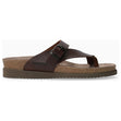 Mephisto women's Helen toe thong sandals in chestnut brown leather with an adjustable strap, cork footbed, and a dark brown sole. HELEN-2878.