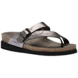 Mephisto women's Helen toe thong sandals in a metallic grey leather with an adjustable strap, cork footbed, and a black ridged sole. 7103.