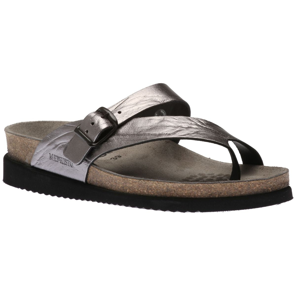 Mephisto women's Helen toe thong sandals in a metallic grey leather with an adjustable strap, cork footbed, and a black ridged sole. 7103.