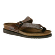Mephisto women's Helen toe thong sandals in a desert brown textured leather with an adjustable strap, cork footbed, and a dark ridged sole. HELEN-4442.