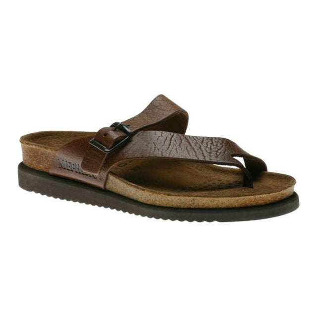 Mephisto women's Helen toe thong sandals in a desert brown textured leather with an adjustable strap, cork footbed, and a dark ridged sole. HELEN-4442.