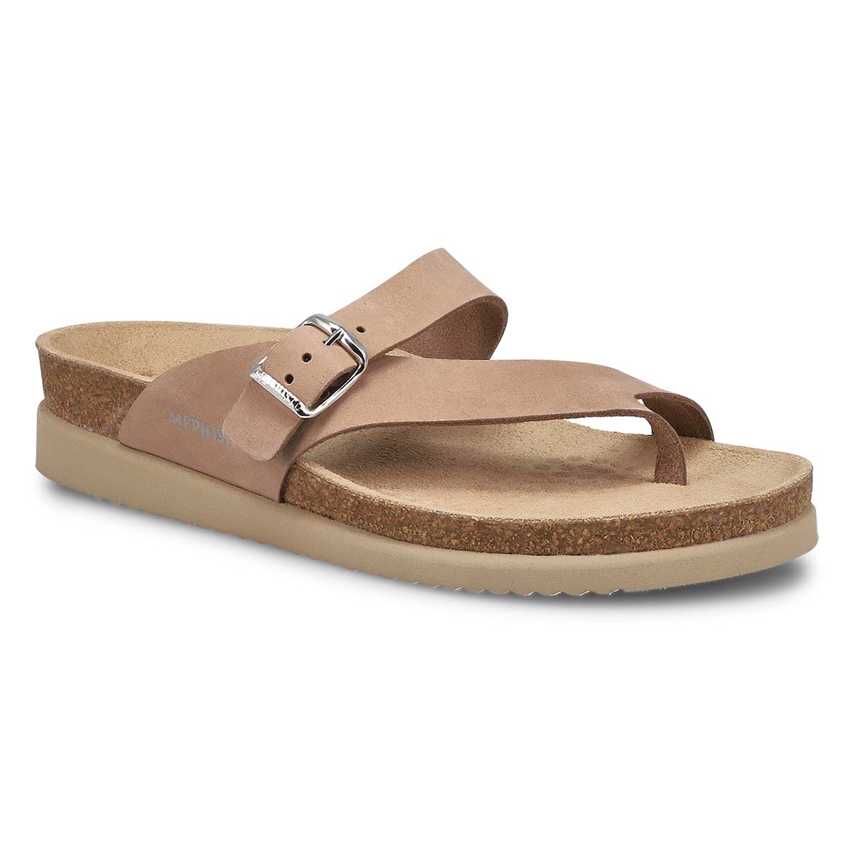 A single light taupe Mephisto Helen toe thong sandal with a buckle and cork sole, presented at an angle. 6018/18