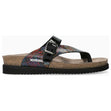 Mephisto women's Helen toe-post sandals with a colorful, patterned strap, an adjustable buckle, cork footbed, and a black ridged sole. 29677.