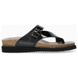 Mephisto women's Helen toe thong sandals in black patent leather with an adjustable strap, cork footbed, and a black ridged sole. 1100