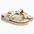 Mephisto Helen Women's Toe Thong Sandals Perf in Gold. A pair of metallic gold Mephisto Helen sandals with laser-cut geometric patterns on the straps and cork soles. 17302 - Comfortable, All-day wear, soft footbed, leather, classic look, walking shoe, easy on and off, sandal, clog, heel, Mephisto Helen Perf Gold sandals, Mephisto 17302, perforated thong sandals, SOFT-AIR cork footbed, AIR-RELAX support, metallic leather sandals, women’s Mephisto Canada.