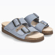 Mephisto Hester Women's Sandals in Sea Blue - style 62822 - A pair of light blue suede Mephisto sandals with two adjustable straps, dark buckles, and cork footbeds. 62822 - Comfortable, All-day wear, soft footbed, leather, classic look, walking shoe, easy on and off, sandal, clog, heel, Mephisto Hester sandals, women’s cork sandals, blue suede sandals, SOFT-AIR footbed sandals, Mephisto style 62822.