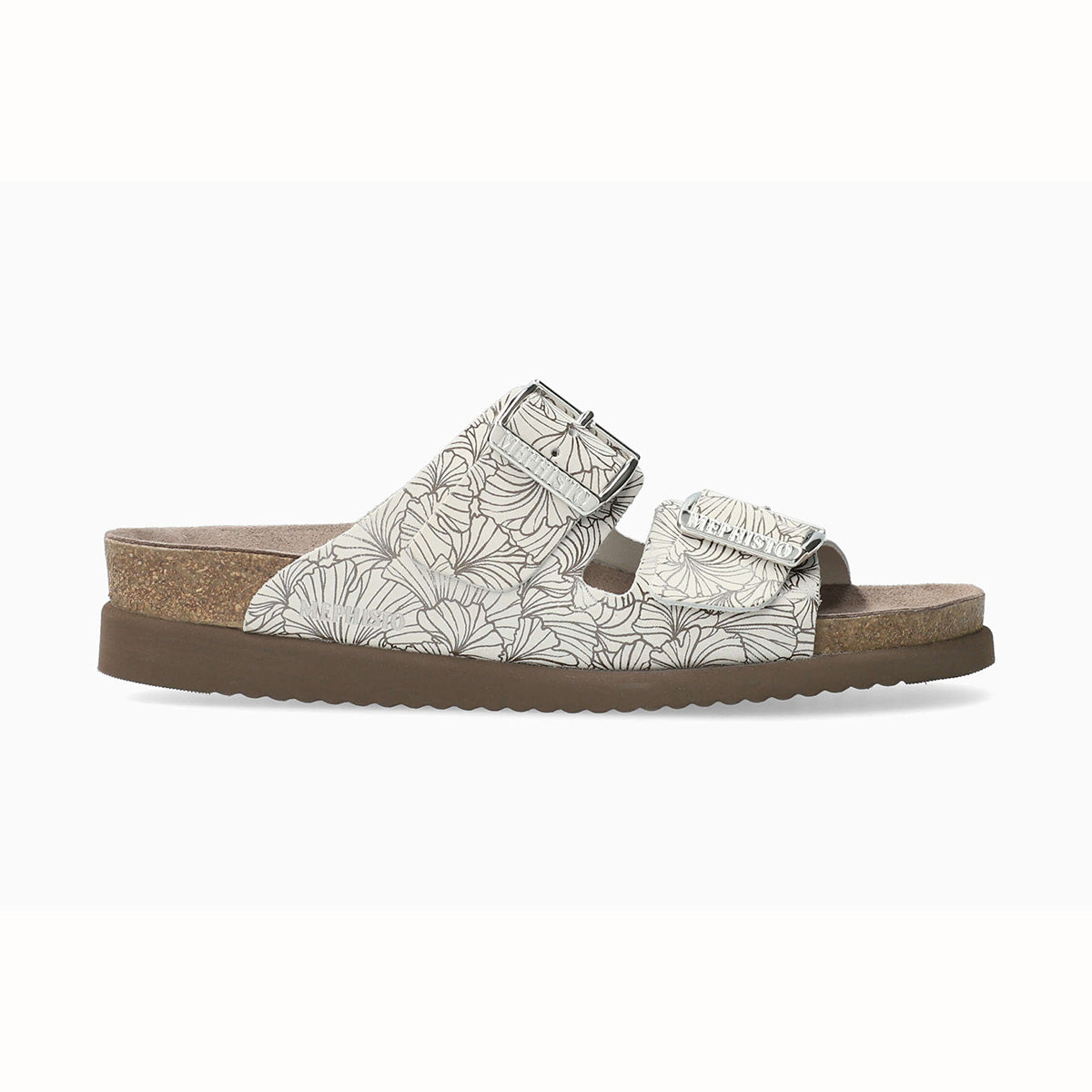 Mephisto Hester women's sandal in white floral print with two adjustable straps, cork footbed, and brown sole. Style #36634