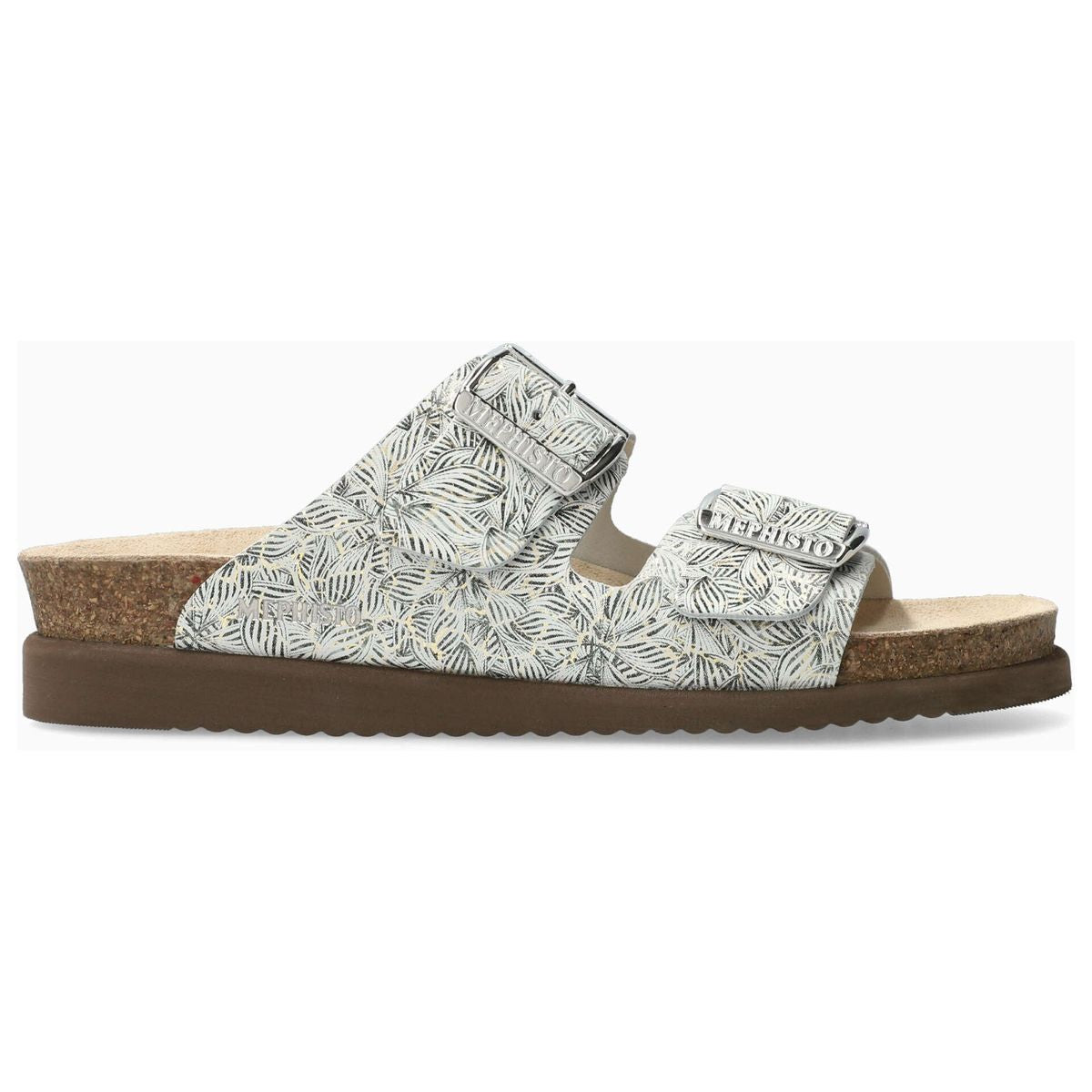 Women's Mephisto Hester comfort sandal in Gold Florally patterned leather with two adjustable buckle straps and a cork midsole. Style #42829