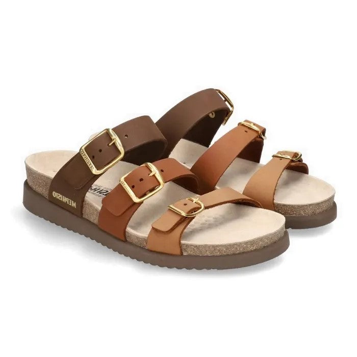 A pair of Mephisto Hyacinta sandals with multi-toned brown leather straps and gold buckles. 3431N/3478