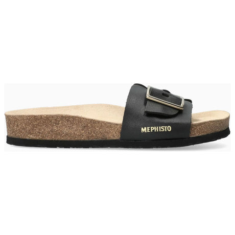 Mephisto women's Mabel sandals in black with a single adjustable strap, a cork footbed, and a ridged black sole. 2800.