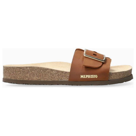 Mephisto women's Mabel sandals in chestnut with a single adjustable strap, a cork footbed, and a ridged black sole. 3478.