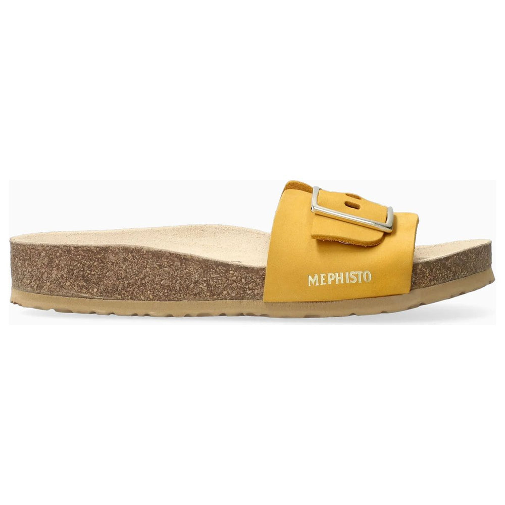 Mephisto women's Mabel sandals in ochre with a single adjustable strap, a cork footbed, and a ridged black sole. 6047.