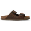 Men's dark brown leather two-strap sandal with adjustable buckles and a contoured cork sole. Style #3451.