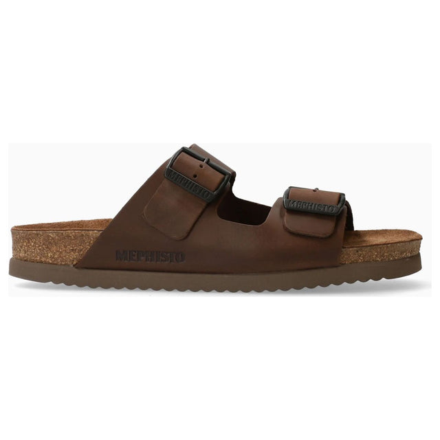 Men's dark brown leather two-strap sandal with adjustable buckles and a contoured cork sole. Style #3451.