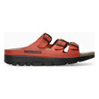 Unisex red leather slide sandal with three adjustable straps, black buckles, and a thick black sole. Style #3401