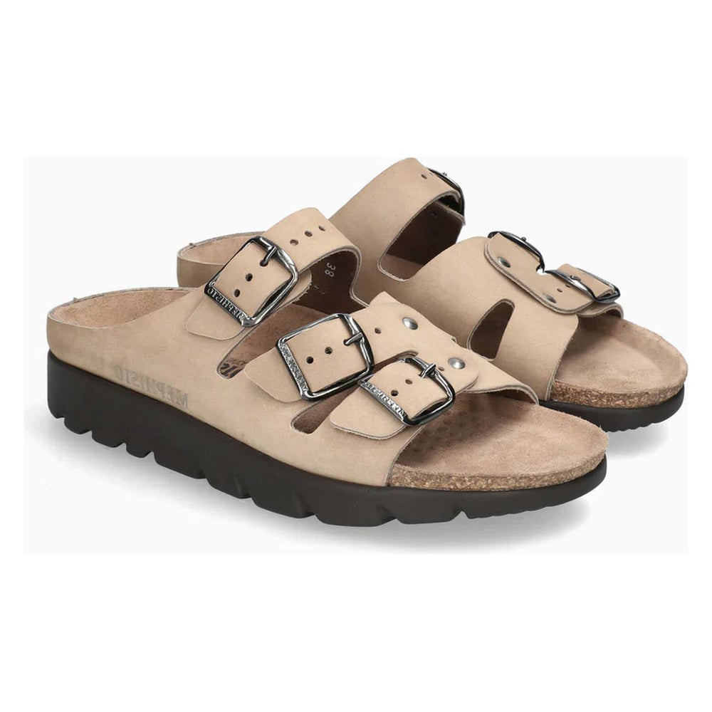Mephisto Zach taupe leather slide sandal with three adjustable buckles, cork footbed, and thick black lug sole. Style #6018