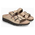 Mephisto Zach taupe leather slide sandal with three adjustable buckles, cork footbed, and thick black lug sole. Style #6018