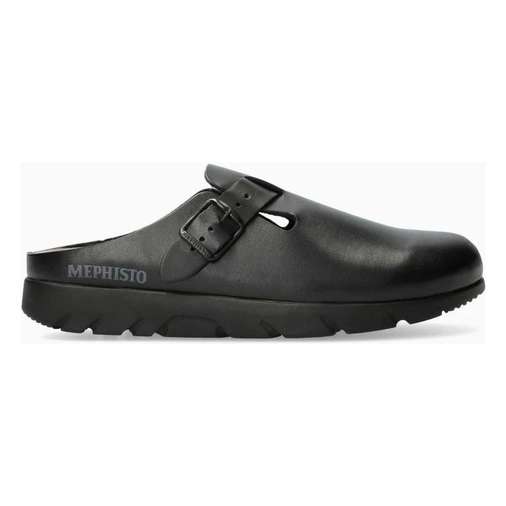Unisex Black premium leather clog shoe with a strap on a white background. Mephisto Zaverio.