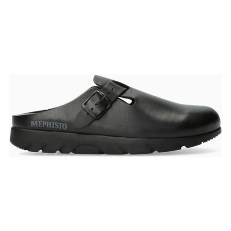 Unisex Black premium leather clog shoe with a strap on a white background. Mephisto Zaverio.