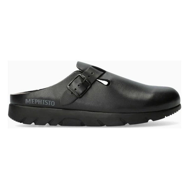 Unisex Black premium leather clog shoe with a strap on a white background. Mephisto Zaverio.