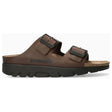 Brown leather unisex slide sandal with two adjustable buckled straps and a contoured cork footbed. Style #3451
