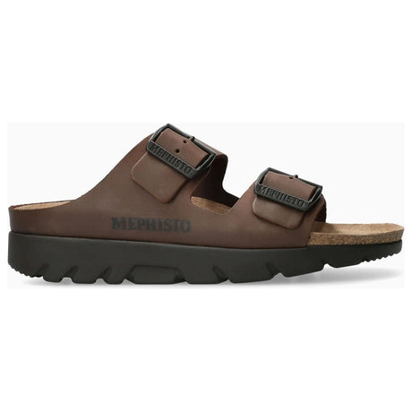 Brown leather unisex slide sandal with two adjustable buckled straps and a contoured cork footbed. Style #3451