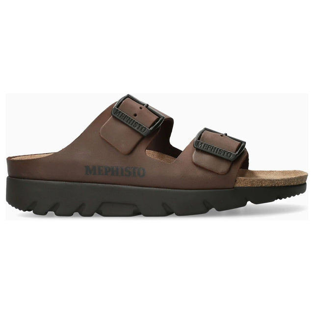 Brown leather unisex slide sandal with two adjustable buckled straps and a contoured cork footbed. Style #3451