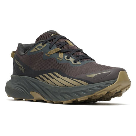 Merrell charcoal and tan waterproof trail running shoe with mesh upper, thick cushioned midsole, and lugged sole. Style #J00005618