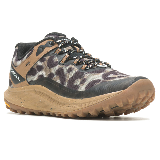 Merrell Antora 3 trail shoe in leopard print mesh with tan midsole and brown Vibram outsole. Style #: J067552