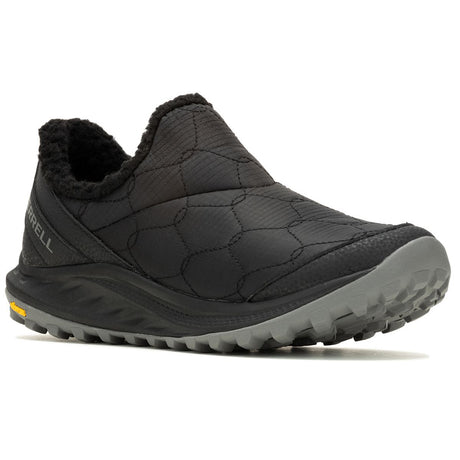 Women's black quilted slip-on shoe with a fleece collar and grey lugged Vibram outsole. Style #J067780