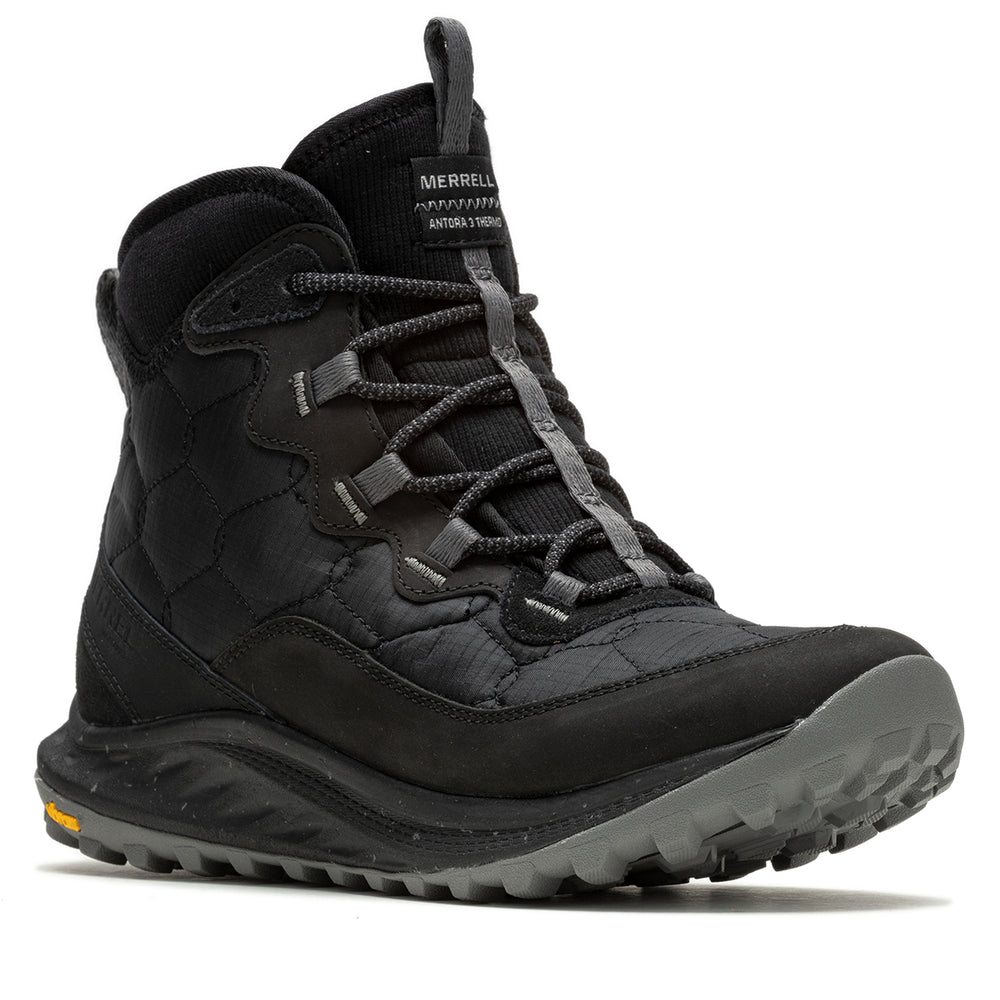 Black winter sneaker boot with visible Merrell branding on a white background. Merrell Women's Antora 3 Thermo Mid Zip Waterproof in Black