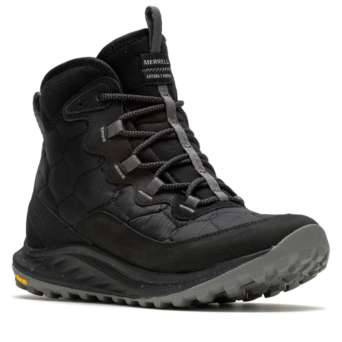 Black winter sneaker boot with visible Merrell branding on a white background. Merrell Women's Antora 3 Thermo Mid Zip Waterproof in Black
