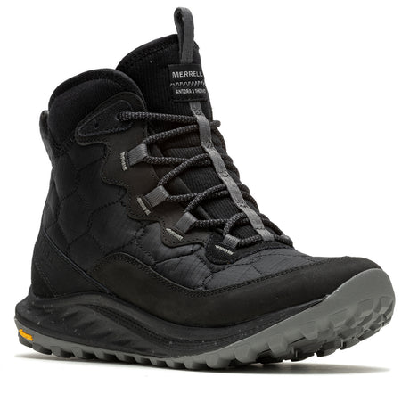 Black winter sneaker boot with visible Merrell branding on a white background. Merrell Women's Antora 3 Thermo Mid Zip Waterproof in Black