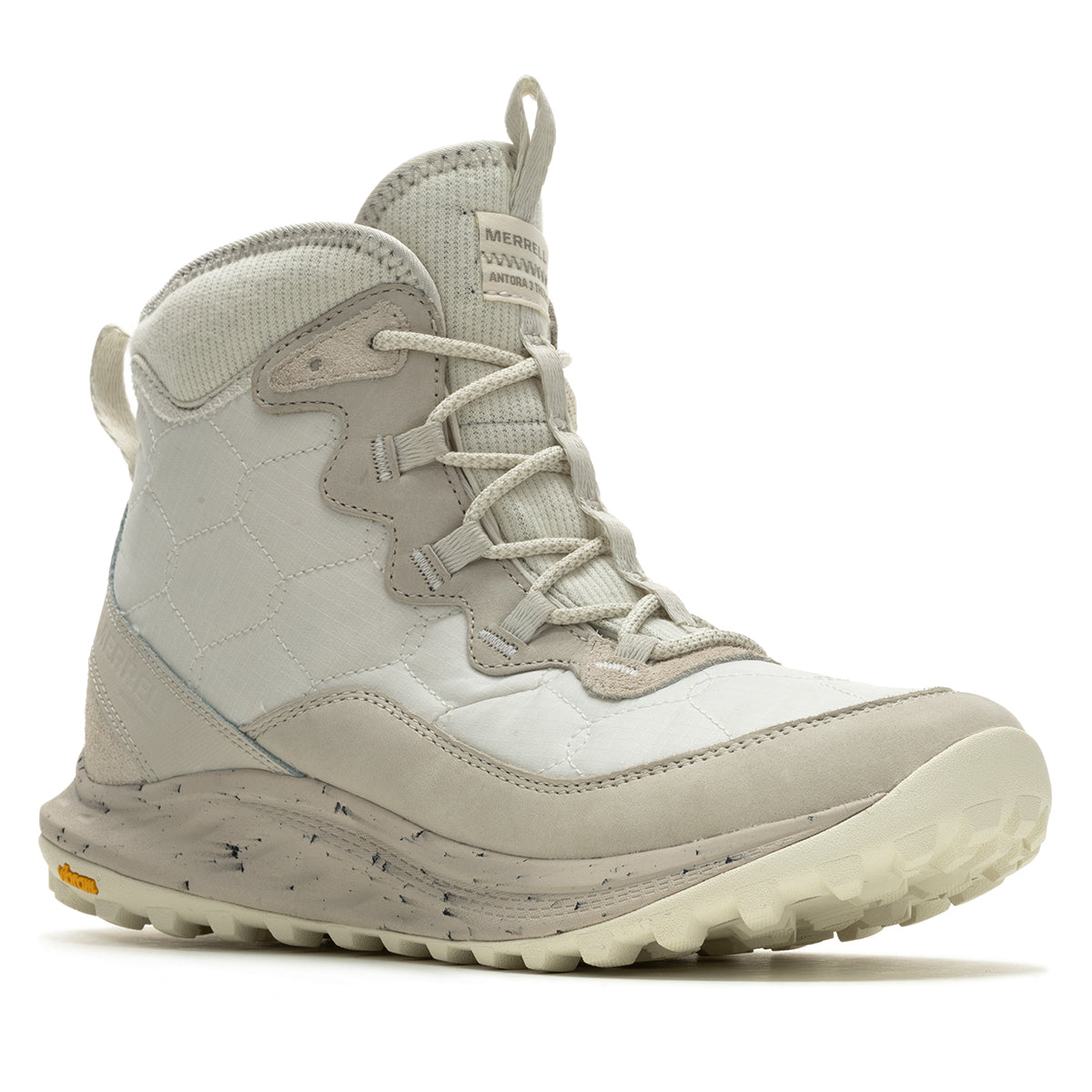 Off white high-top sneaker with white sole on a white background. Merrell Womens  Antora 3 Thermo Mid Zip Waterproof in Chalk