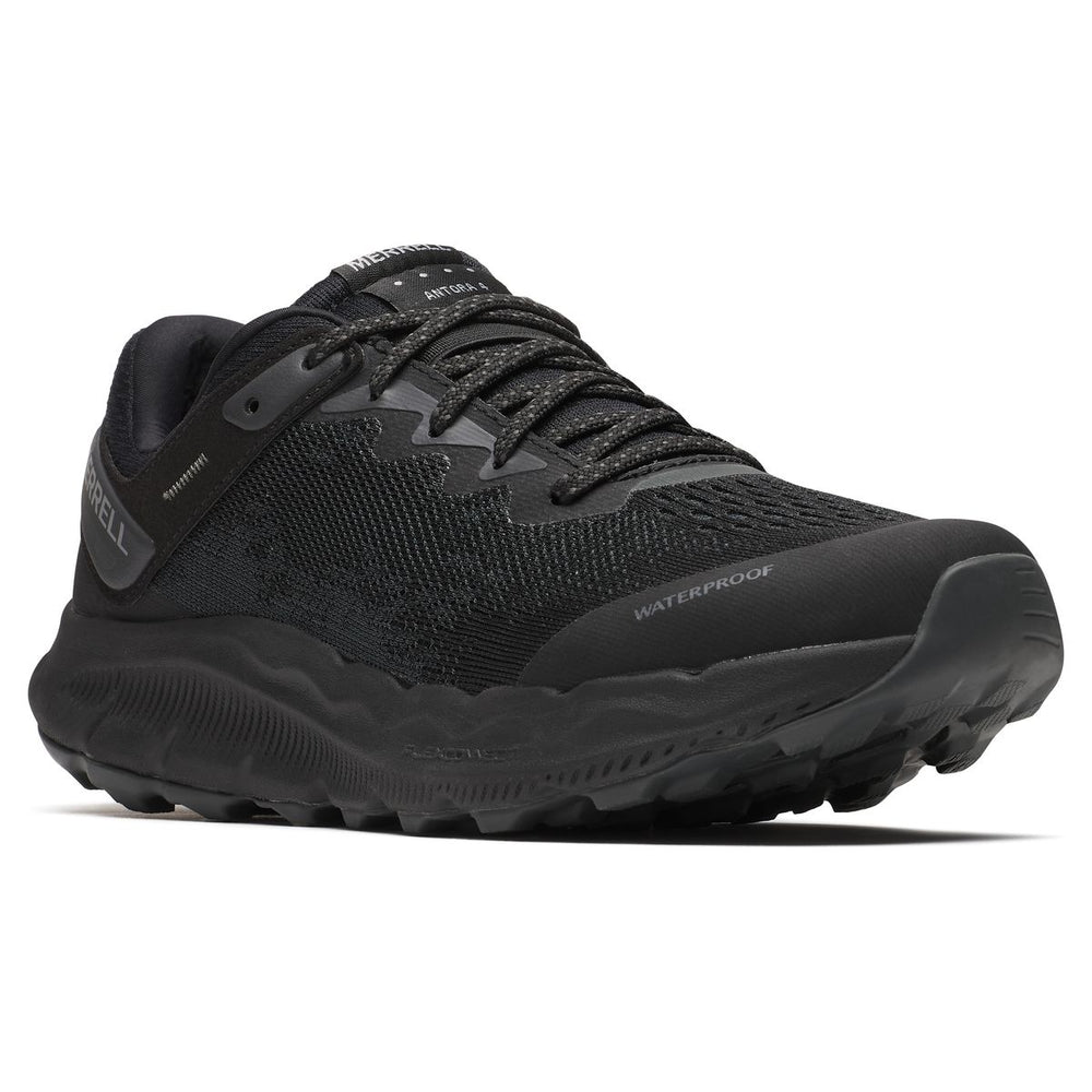 Women's black waterproof trail running shoe with durable mesh upper and rugged traction outsole. Style #J068442