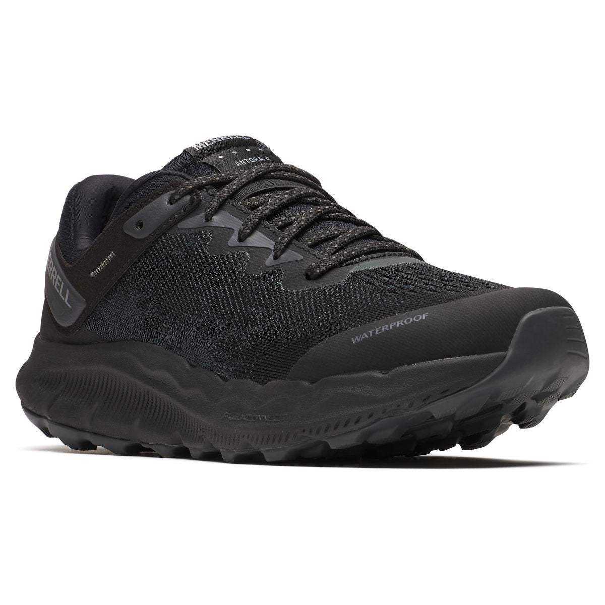 Women's black waterproof trail running shoe with durable mesh upper and rugged traction outsole. Style #J068442