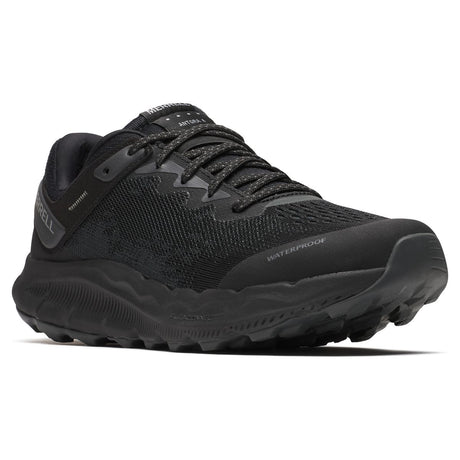 Women's black waterproof trail running shoe with durable mesh upper and rugged traction outsole. Style #J068442