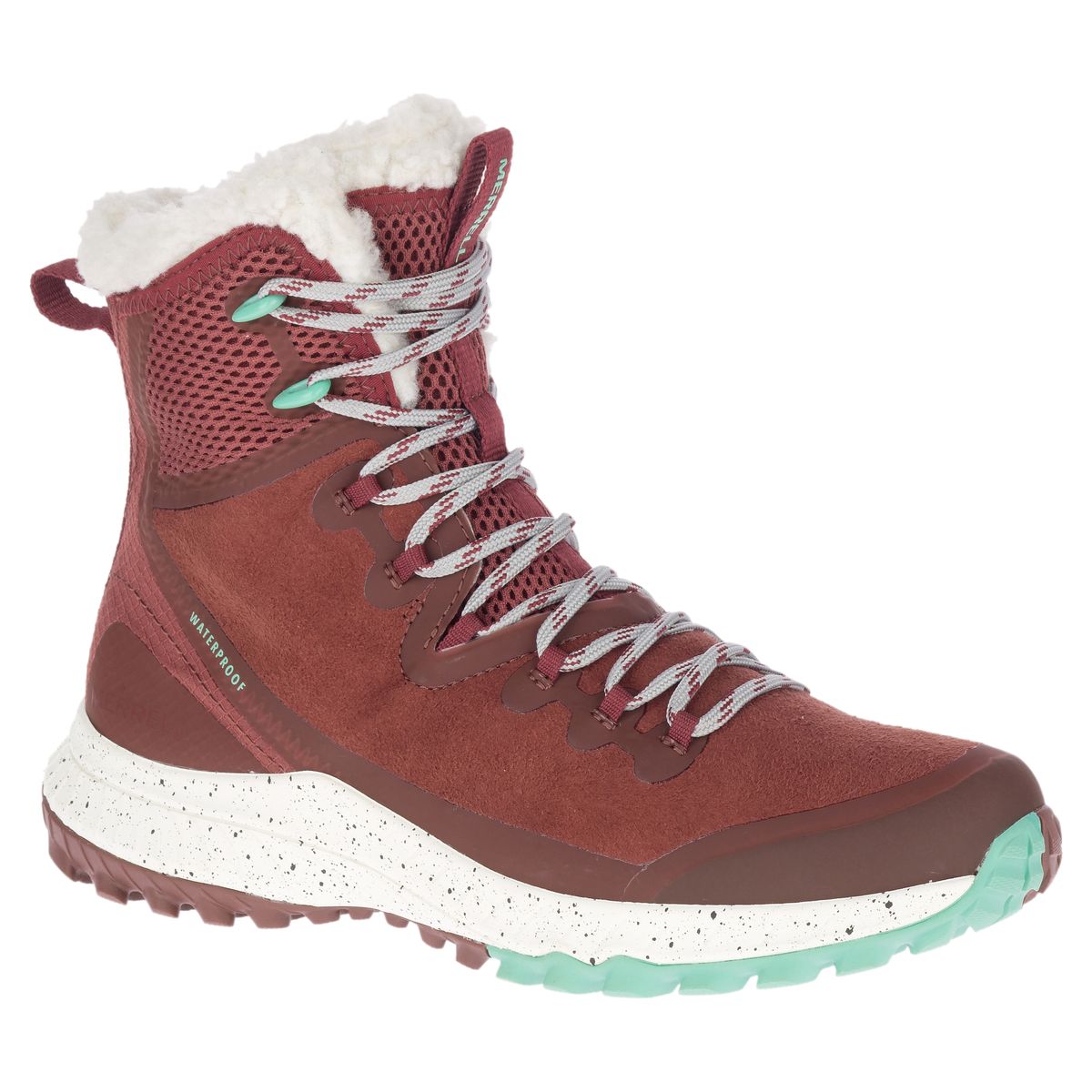 Merrell Bravada Polar Waterproof red suede winter boot with white faux-fur collar and teal accents, Style #J004070.