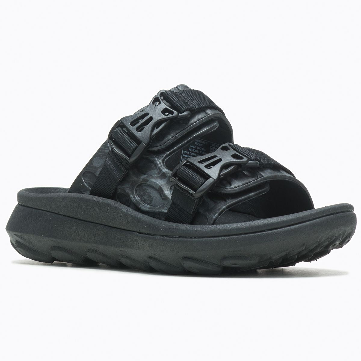 Black sandal with strap design on a white background. J005892.