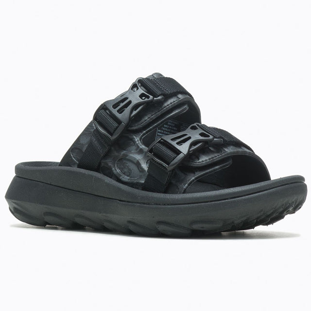 Black sandal with strap design on a white background. J005892.