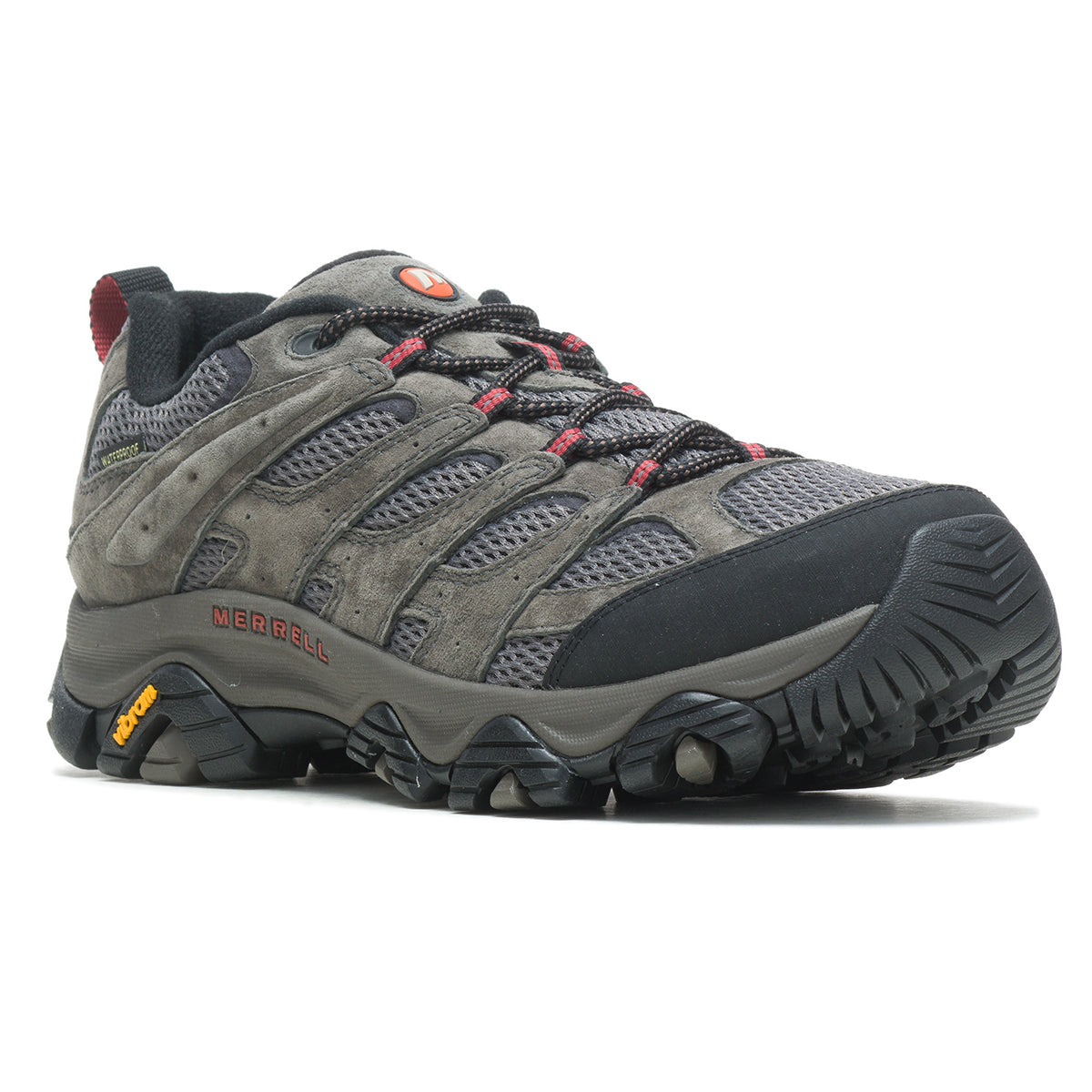 Men's Merrell Moab 3 low-cut hiking shoe in Beluga; wide fit. Pig suede/mesh waterproof upper and Vibram TC5+ sole. Style #J037499W.