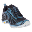 Merrell Siren Edge 3 waterproof hiking shoe (J034444) in black and blue, showcasing its athletic design and tread.