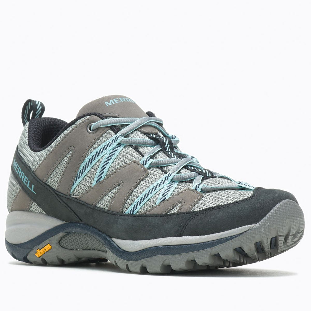 Grey mesh and charcoal leather women's hiking shoe with light blue laces, Vibram sole, and Merrell branding. Style #J035320