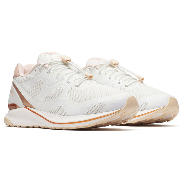 Women’s white and rose gold athletic trekking shoe with a toggle lace system and cushioned white sole. Style #J068550